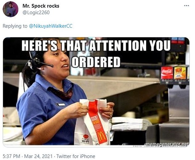 Others posted memes mocking Walker. One Twitter user posted a meme showing a worker at McDonald’s saying: ‘Here’s that attention you ordered.’