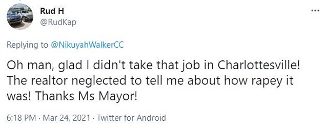 One person on Twitter commented: ‘Oh man, glad I didn't take that job in Charlottesville! The realtor neglected to tell me about how rapey it was! Thanks Ms Mayor!’