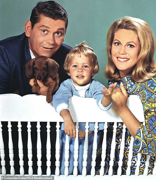 So sweet: Elizabeth played kindhearted witch named Samantha who marries an ordinary man called Darrin; Dick York the first Darrin is pictured left with Elizabeth and Erin