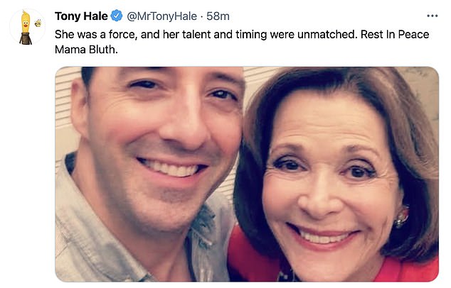 Motherboy: Tony Hale - who played Lucille's son Buster Bluth on Arrested Development - shared a selfie of the two of them with the caption: 'She was a force, and her talent and timing were unmatched. Rest In Peace, Mama Bluth'