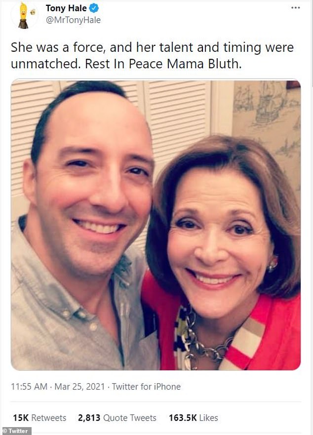 Co-stars: Another Arrested co-star, Tony Hale, who played Buster Bluth, shared a photo of the two together, adding, 'She was a force, and her talent and timing were unmatched. Rest In Peace Mama Bluth'