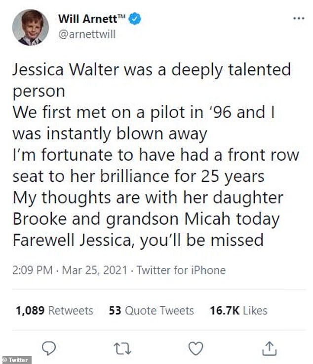 Instantly: Will Arnett, who played Gob Bluth on the hit show, added, 'Jessica Walter was a deeply talented person. We first met on a pilot in '96 and I was instantly blown away'