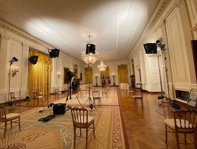 The East Room of the White House set up for Biden's first presidential press conference