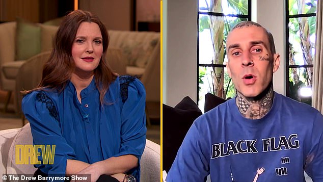 Her new man: The KUWTK star is dating Travis Barker; seen here talking to Drew Barrymore on Monday