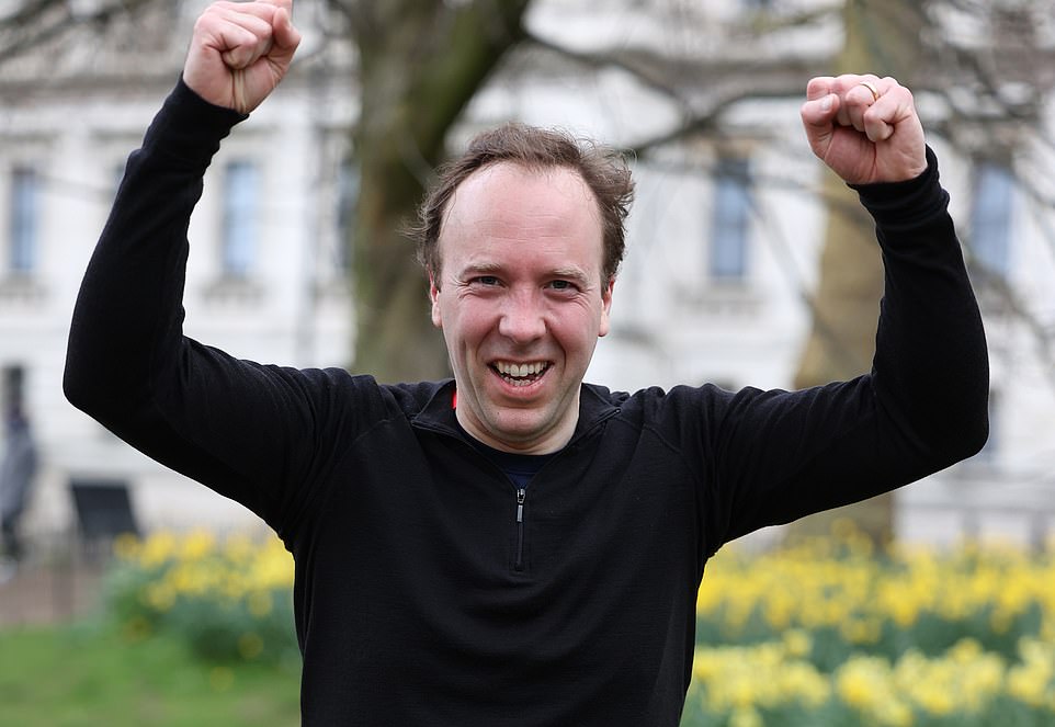 Matt Hancock running in London today. The government insists it is confident in its vaccine targets of offering a first dose to all over-50s by April 15 and all adults by July 31