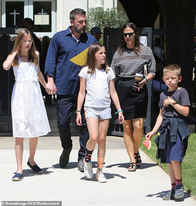 His kids: Ben co-parents his three kids - Violet,15, Seraphina, 12, and Samuel, nine - with ex-wife Jennifer Garner, 49; seen in 2019
