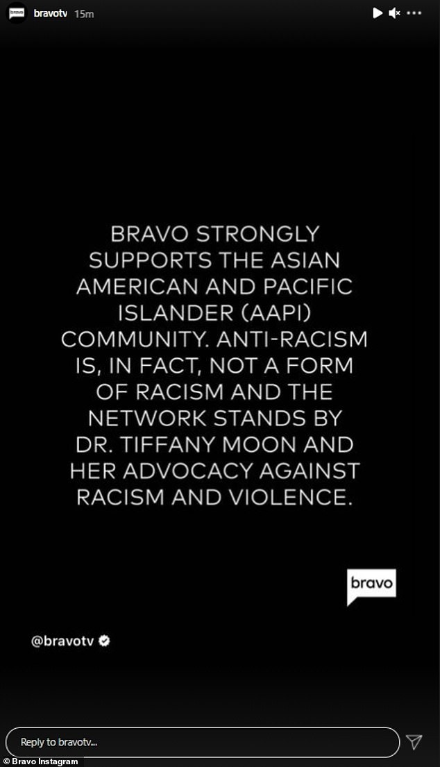 Support: Bravo has come to Tiffany's defense in the matter, posting a statement on their Instagram account on Friday