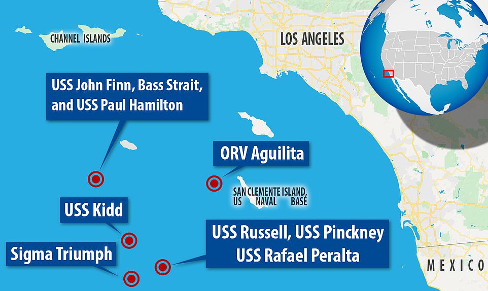 A map shows where a number of US destroyers encountered the UFOs off the coast of California