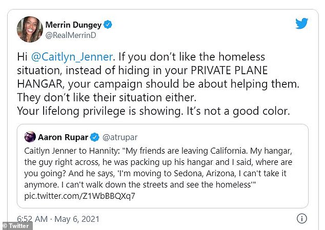 Not holding back: The King of Queens actress Merrin Dungey also attacked Caitlyn for giving an interview from her own airplane hangar