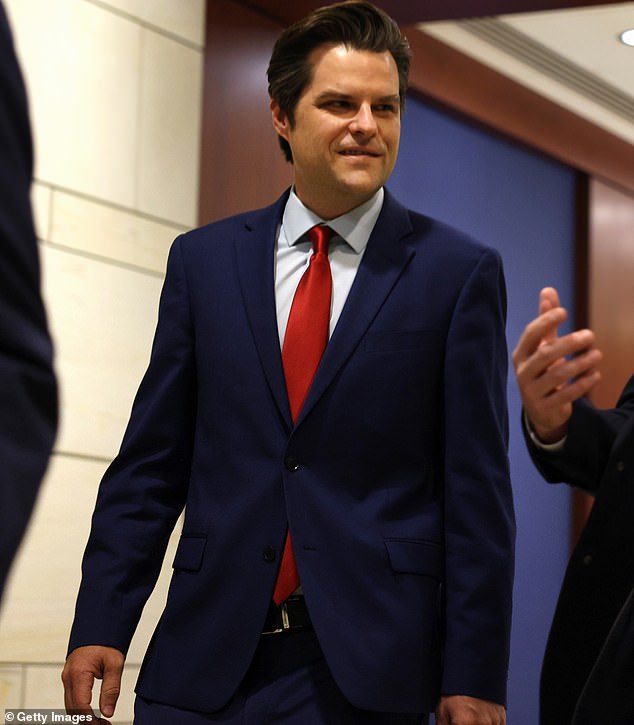 Gaetz (pictured in DC today) is under investigation for allegedly having sex with a 17-year-old girl and trafficking her across state lines. Gaetz has denied the allegations and has not been charged with any crime