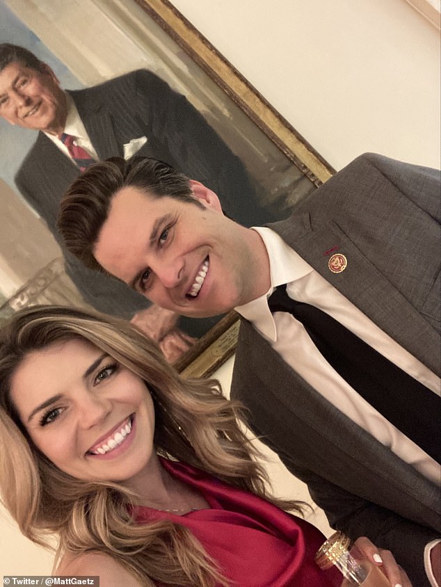 Gaetz, 38, and his fiancée Ginger Luckey, 26, in a photo shared on Twitter by Gaetz on December 10 under a photograph of former US President Ronald Reagan
