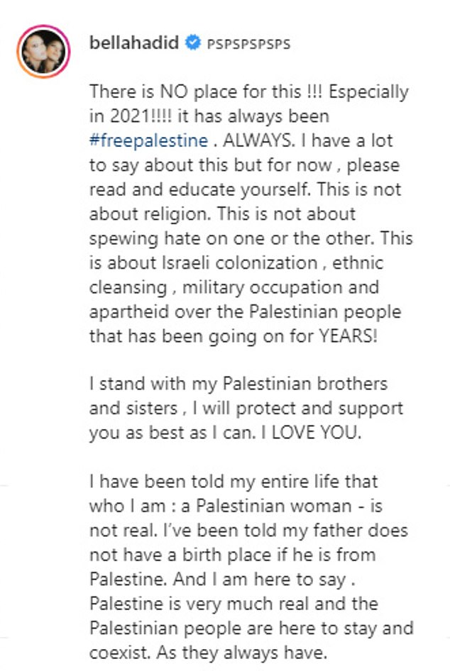 Public stance: 'I stand with my Palestinian brothers and sisters, I will protect and support you as best as I can,' she said in her post