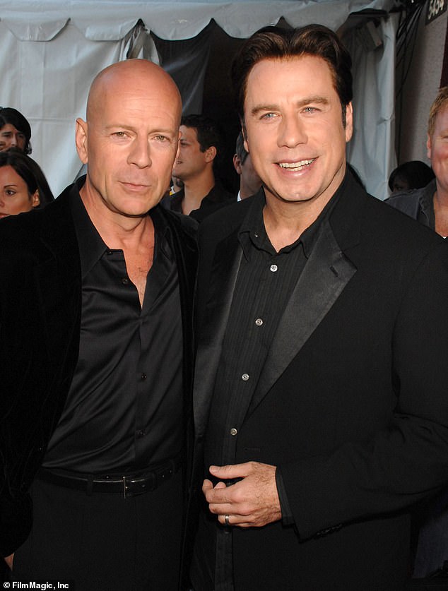 Massive: Willis has racked up over $9.4 billion at the box office worldwide in his feature acting credits, while Travolta's features accumulated over $3.8 billion globally;  old friends and colleagues are pictured in 2007
