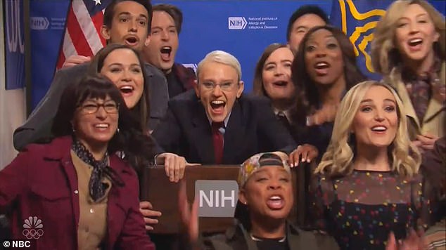 The cast went mask-free during the cold open to the penultimate SNL show of the season