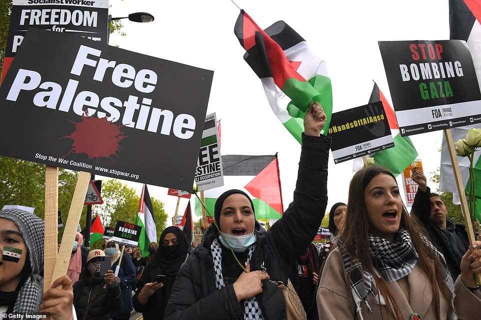 Protesters at a rally to express solidarity with Palestine at Marble Arch on May 15 in London after several Israeli cities experienced clashes between Jewish and Arab mobs in recent days