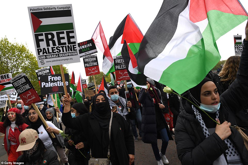 Hundreds of people joined the protest as demonstrators marched in solidarity with the Palestinian people