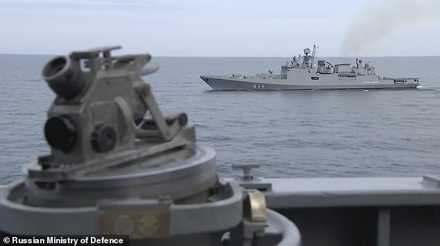 The Russian National Defence Control Centre confirmed it was tracking the Royal Navy vessel (pictured, Admiral Essen, a Russian frigate, on duty in the Black Sea)