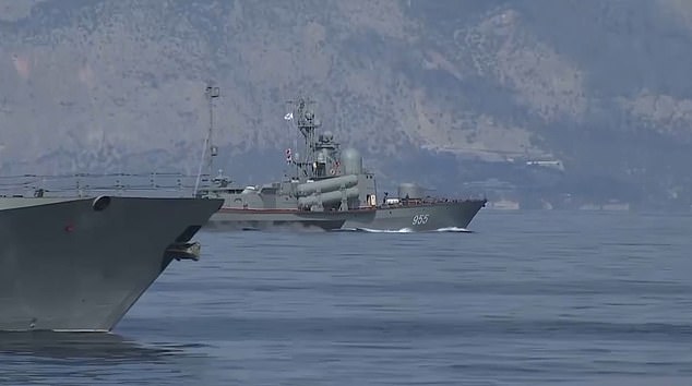 The Russian naval footage from Black Sea Fleet Day on May 13, included manoeuvres by several warships