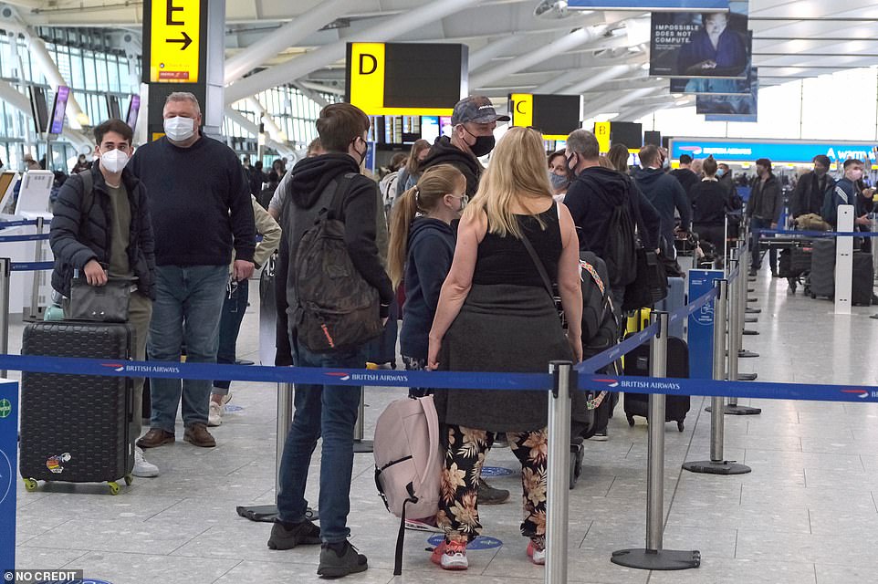 Hundreds of people seen queueing at check-in at Terminal 5 in Heathrow Airport today as global travel curbs ease