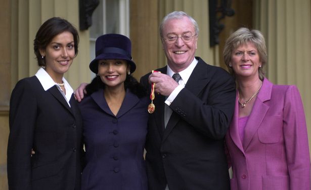 Michael Caine with his wife Shakira and daughter Natasha (L) and daughter from former marriage Dominique Caine (R)