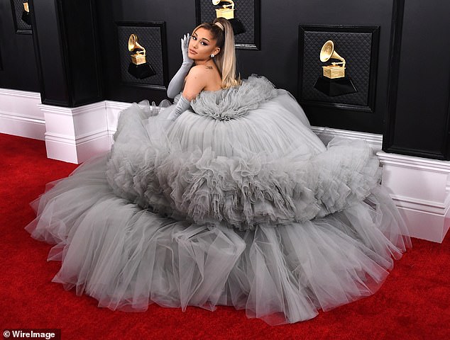 Big dress? It is unclear if Ariana wore a traditional bridal outfit for the small-scale event, which was attended by less than 20 people (Pictured at the Grammy Awards last January