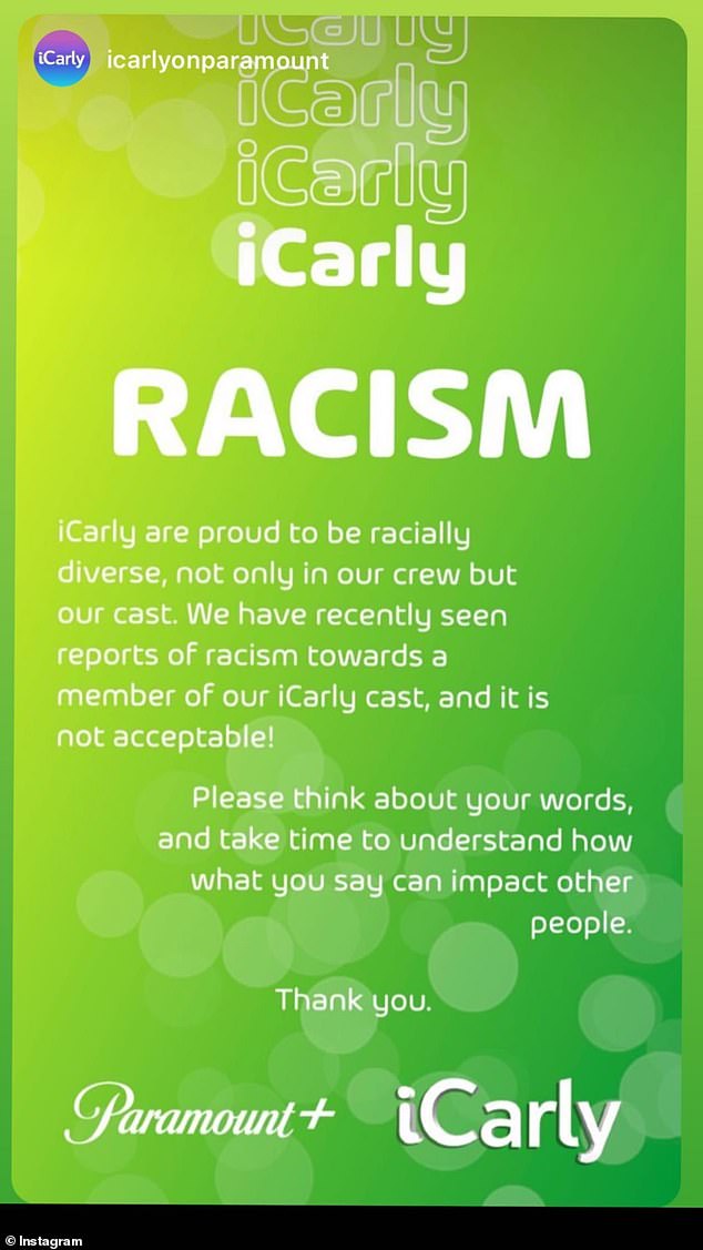 'It is not acceptable!' Paramount+ and iCarly put out a statement on Sunday backing up the cast and crew of the revived series after Mosley took to social media to post about the racism she has encountered in recent weeks