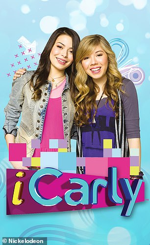 A poster for iCarly featuring Miranda Cosgrove and Jennette McCurdy