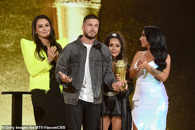 The gang's back together: Vinny Guadagnino was joined by Nicole 'Snooki' Polizzi, Jenni 'JWoww' Farley and Angelina Pivarnick, with the rest of the cast joining virtually to watch