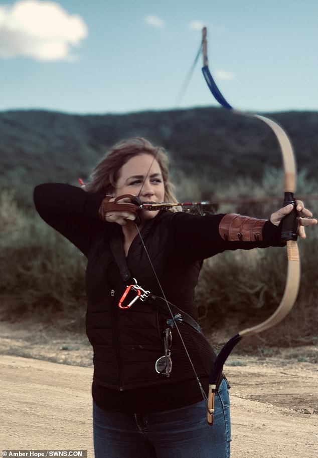 Incredible: Amber fell in love with archery following her transformation, and she now practices for three hours a day with a Mongolian horse bow to stay in shape