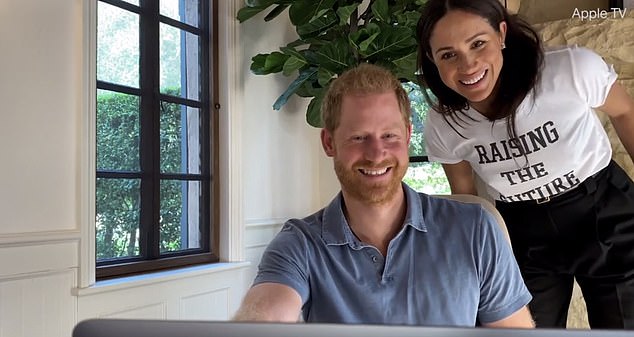 Duncan added that he doesn't believe Harry is in a position to 'preach' about how to cope with mental health issues when he is 'clearly in the very midst' of his own journey and 'causing pain to his own family' (pictured with Meghan in the trailer for his upcoming Apple TV series)