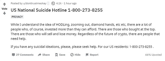On the Reddit board CryptoCurrency, one person posted a suicide help line