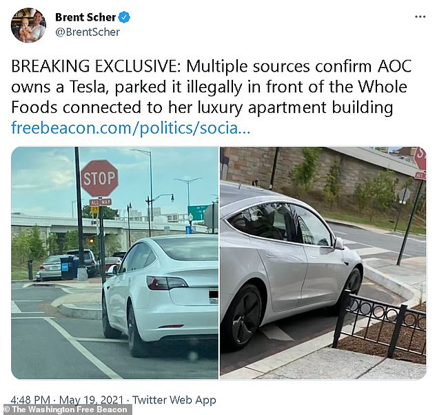 The $59,000 Tesla with New York plates and a Congressional parking pass was pictured in a no-parking zone near AOC's luxury DC apartment on May 14, the Washington Free Beacon reported.