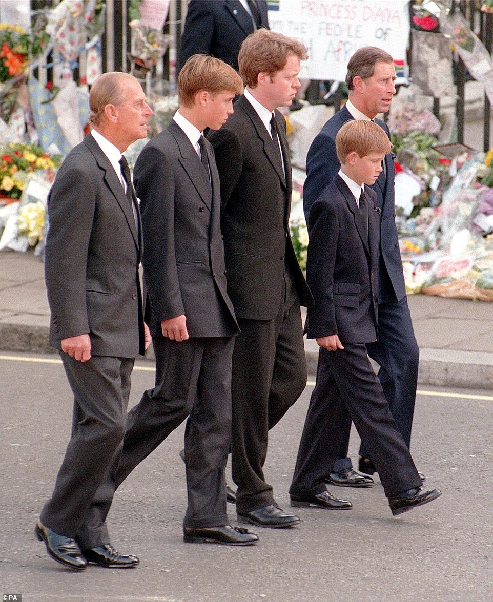 The Duke of Edinburgh, Prince William, Earl Spencer, Prince Harry and the Prince of Wales following the coffin of Diana in 1997