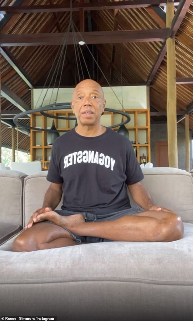 Due to extradition laws: Simmons (pictured Sunday) currently runs a meditation/yoga app called GDAS and lives in exile in Bali after being accused of over 20 women of sexual assault and misconduct