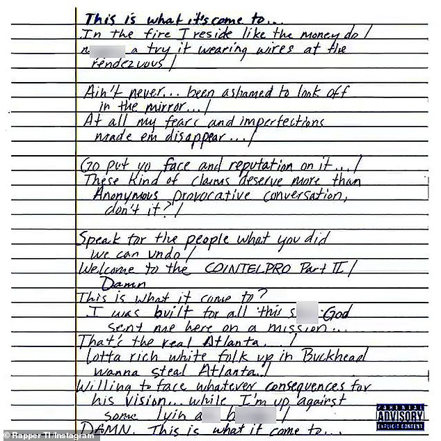 Explicit: The 40-year-old performer's latest Instagram post featured a handwritten piece of paper with his song featuring new lyrics, which seemingly calling his accusers 'lyin' a** b*****s'