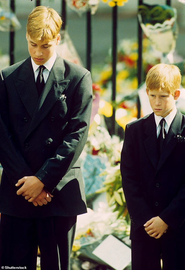 Trauma: Harry said he felt like history was repeating itself when Megan felt suicidal, reminding him of the death of his mother. He is pictured, right, with his brother, William, at Princess Diana's funeral in 1997