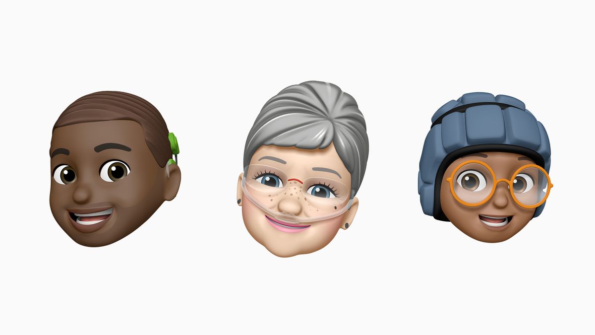 Three smiling Memojis, showing one with a cochlear implant on the left, one with nasal oxygen tubes in the center, and one with a soft helmet on the right.