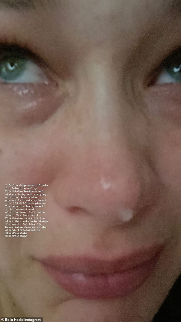 Sobbing selfie: Bella Hadid, 24, posts sobbing selfie and talks about 'deep sense of pain' she feels for Palestine as she continues to takes sides on the geopolitical conflict