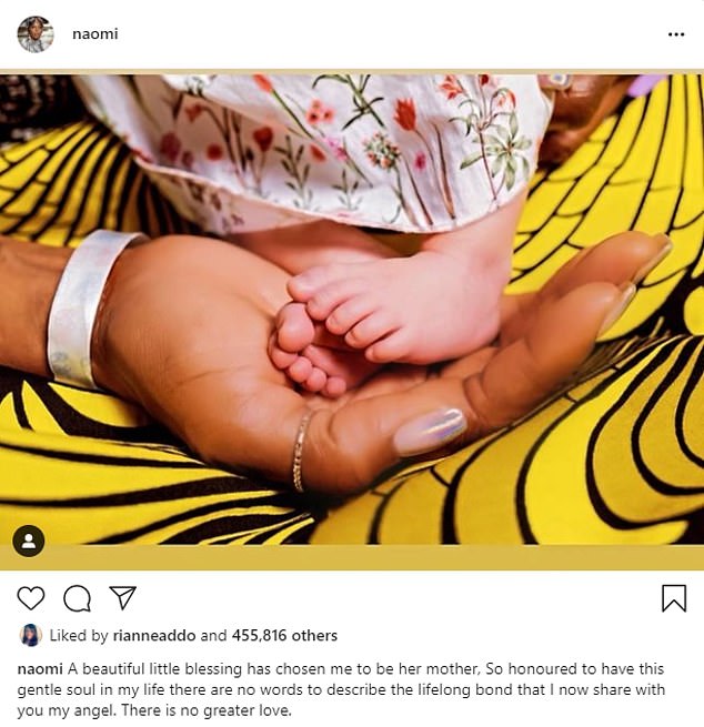 Model mum: Naomi Campbell, 50, has announced she is a mother, four years after crediting science with giving her the opportunity to start a family 'whenever she wants'
