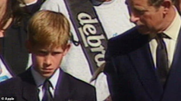 The show shares the moment Prince Charles speaks to his son as Diana's coffin passes them, with a narrator talking about the importance of being treated with 'dignity'