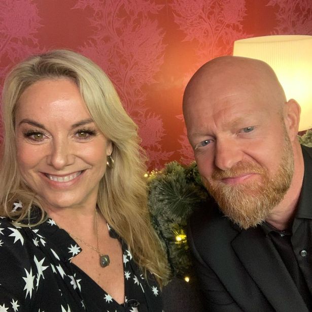 Tamzin Outhwaite looked delighted to meet up with her old work colleague Jake Wood