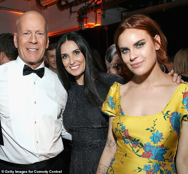 Body dysmorphia disorder: Tallulah Willis, 27, revealed she 'resented' her resemblance to her father, Bruce Willis, when she was younger, and that she 'punished' herself for not looking like my mother, Demi Moore; the trio are pictured in Los Angeles in July 2018