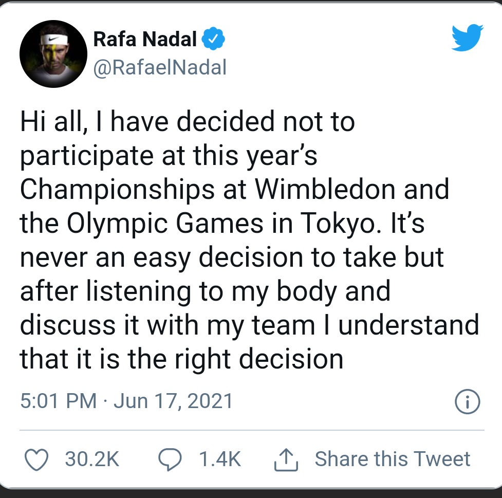 “Never An Easy Decision”: Rafael Nadal Pulls Out Of Wimbledon, Tokyo Olympics